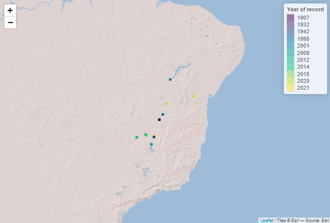 map of study area with coloured dots where the species occurred