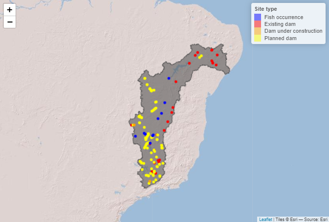 map of study area with locations of dams and fish