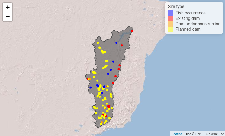 map of upstream catchment with coloured dots where the species occurred
