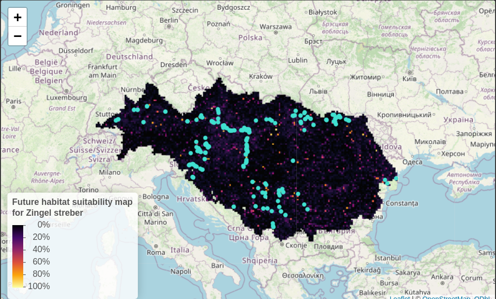 Figure 4. Habitat suitability map of the species in the Danube basin