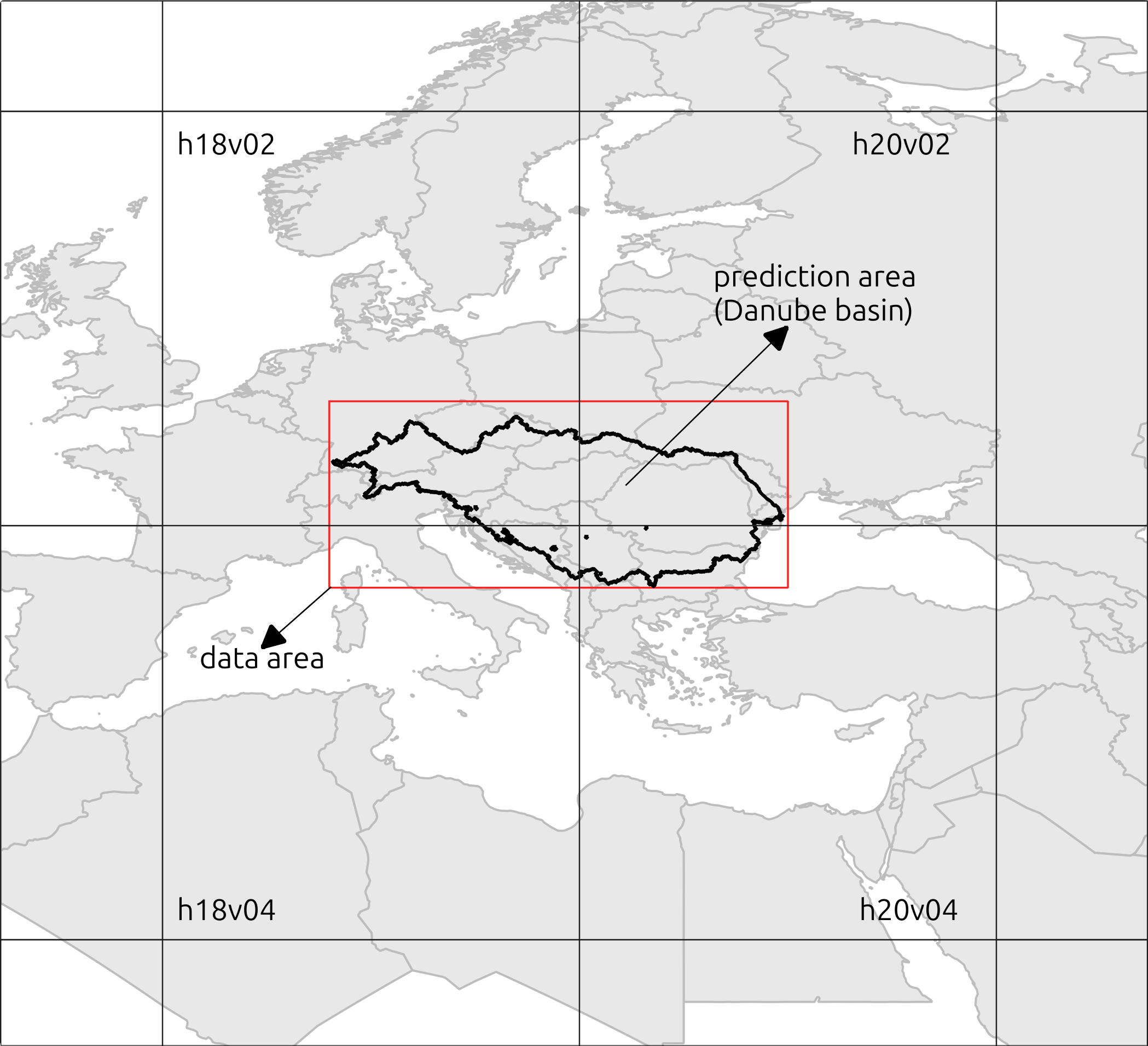 Figure 2. Tiles overlapping with the Danube basin